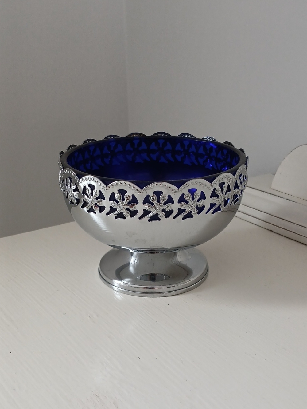 Celtic Quality Plate Metal Filigree Sherbet Cobalt Blue Glass Liner